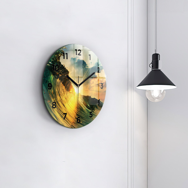 Round glass wall clock Wave Sunset