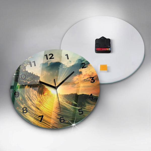 Round glass wall clock Wave Sunset