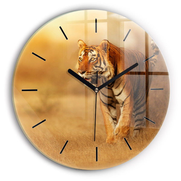 Round glass wall clock Hunting Tiger