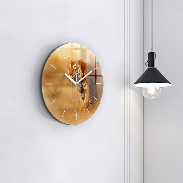 Round glass wall clock Hunting Tiger