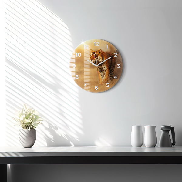 Round glass wall clock Hunting Tiger
