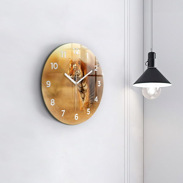 Round glass wall clock Hunting Tiger