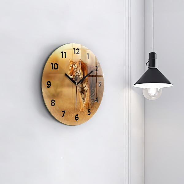 Round glass wall clock Hunting Tiger