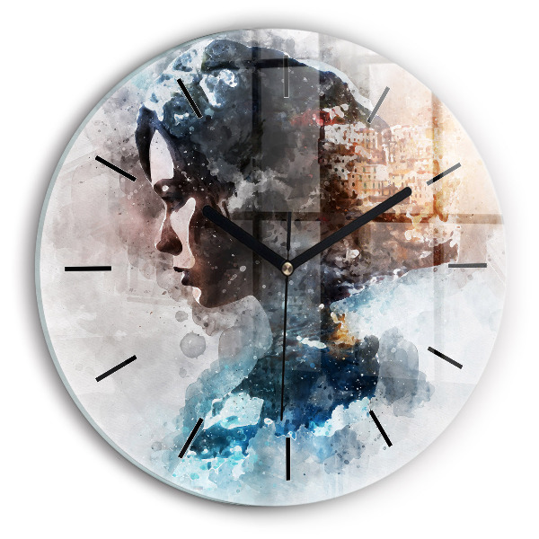 Round glass wall clock Abstract faces