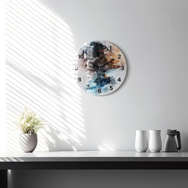Round glass wall clock Abstract faces