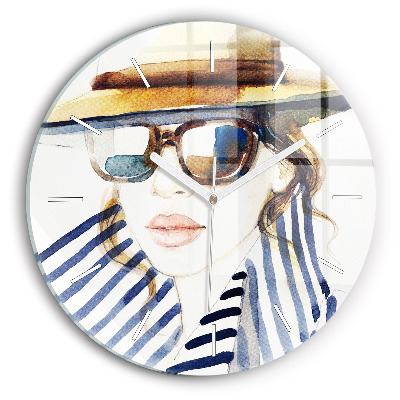 Round glass wall clock Face with glasses and hat