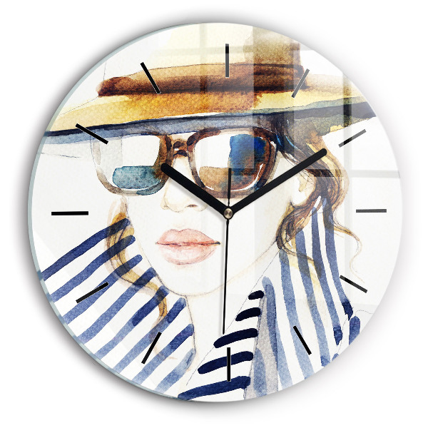 Round glass wall clock Face with glasses and hat
