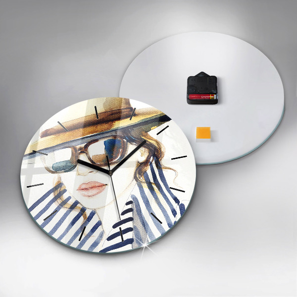 Round glass wall clock Face with glasses and hat