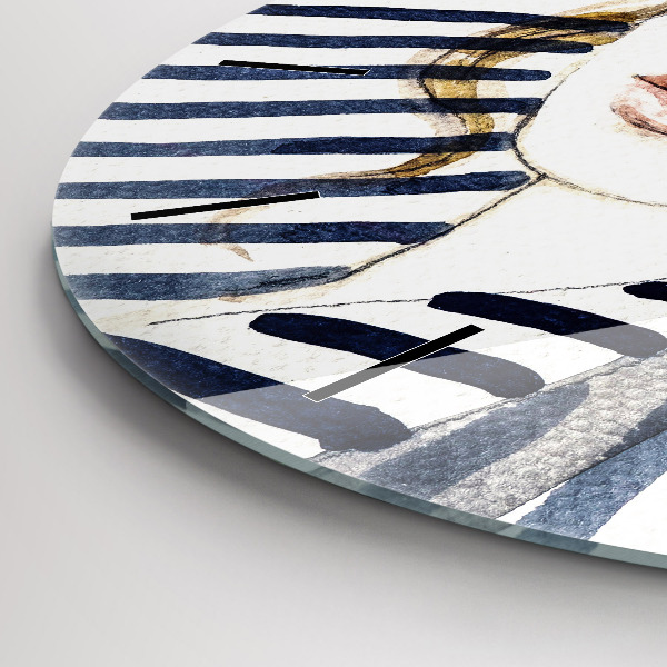 Round glass wall clock Face with glasses and hat