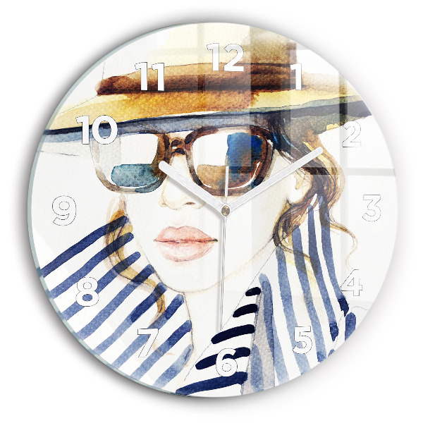 Round glass wall clock Face with glasses and hat