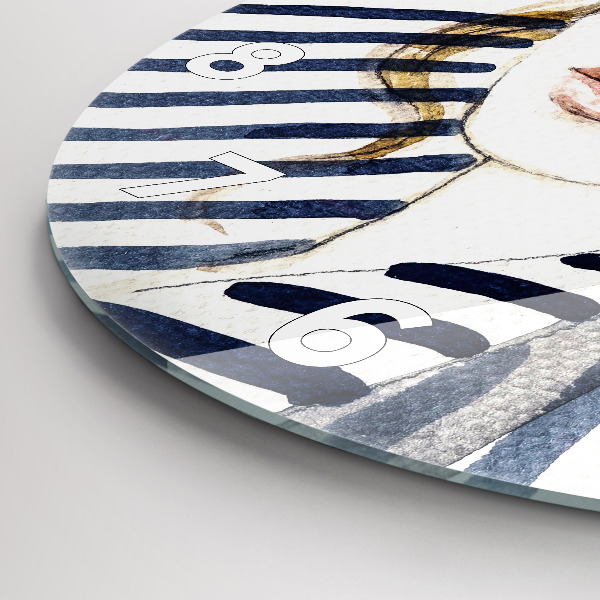 Round glass wall clock Face with glasses and hat