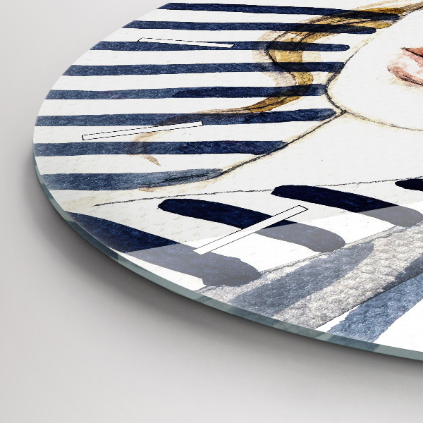 Round glass wall clock Face with glasses and hat