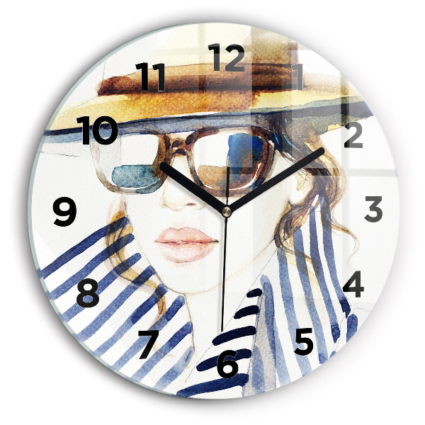 Round glass wall clock Face with glasses and hat