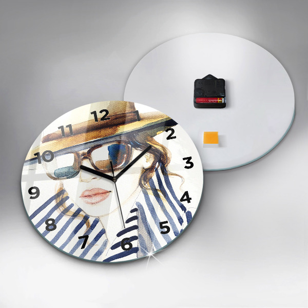 Round glass wall clock Face with glasses and hat