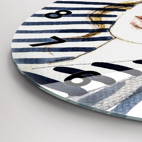 Round glass wall clock Face with glasses and hat