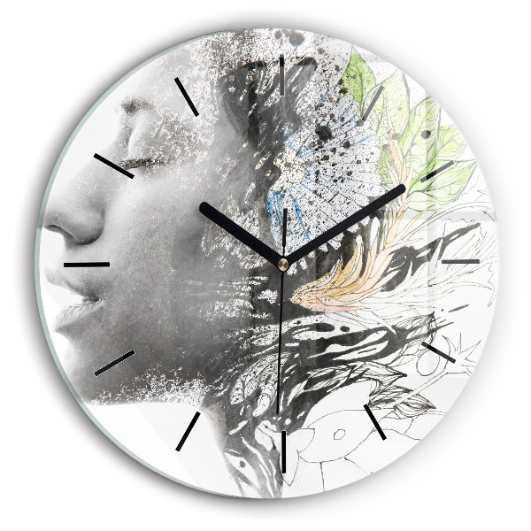 Round glass wall clock Abstract woman's face