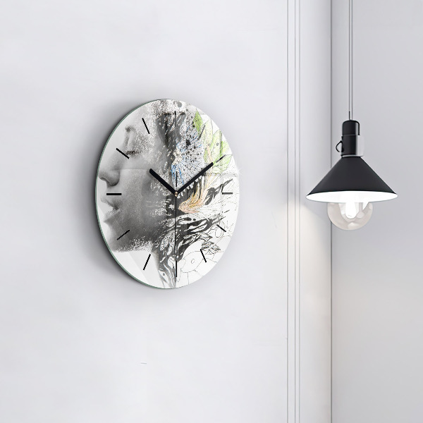 Round glass wall clock Abstract woman's face