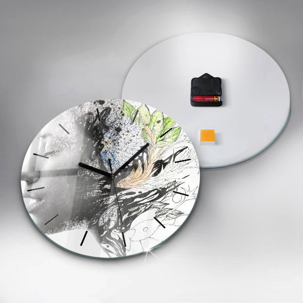 Round glass wall clock Abstract woman's face