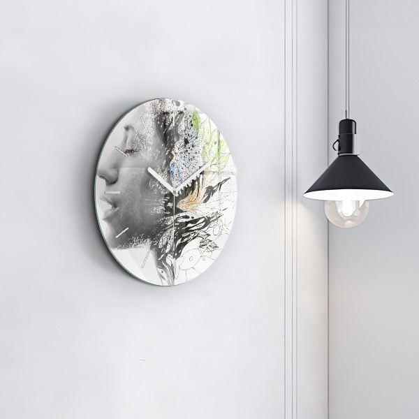 Round glass wall clock Abstract woman's face