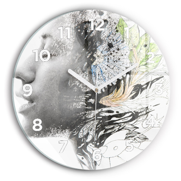 Round glass wall clock Abstract woman's face