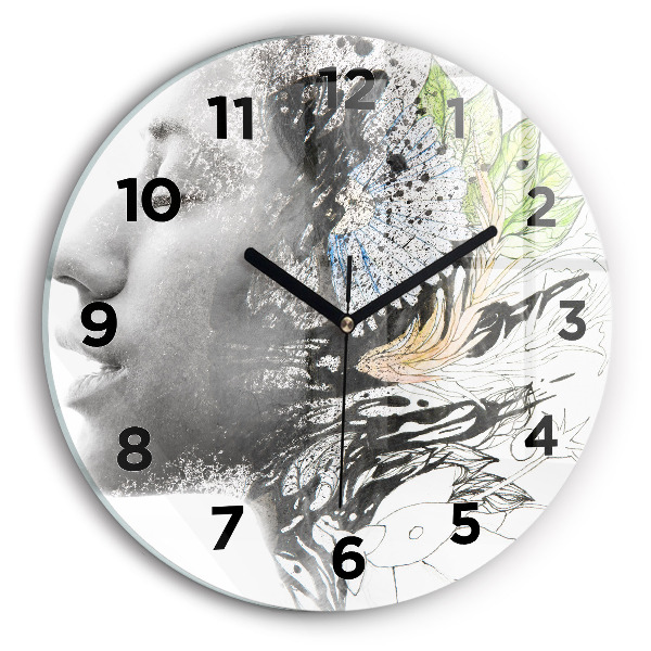 Round glass wall clock Abstract woman's face