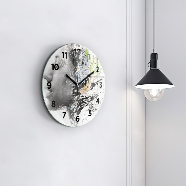 Round glass wall clock Abstract woman's face