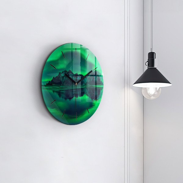 Round glass wall clock Northern lights