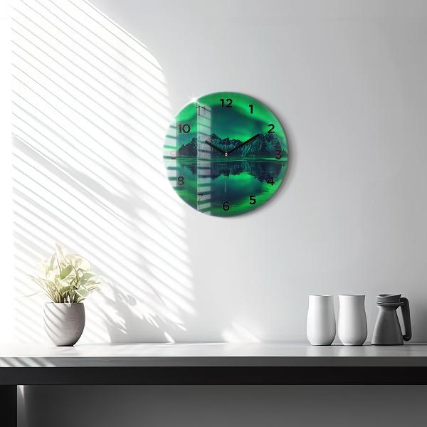 Round glass wall clock Northern lights