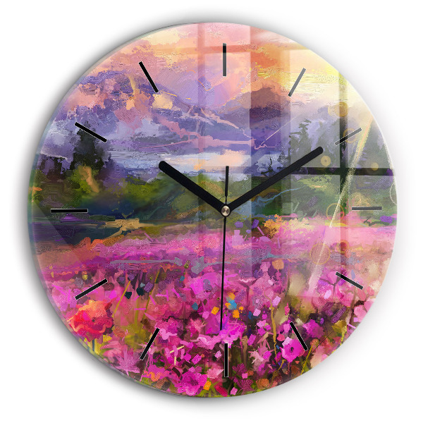 Round glass wall clock Meadow in the sunset