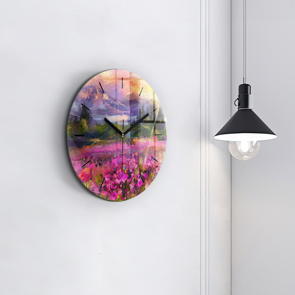 Round glass wall clock Meadow in the sunset
