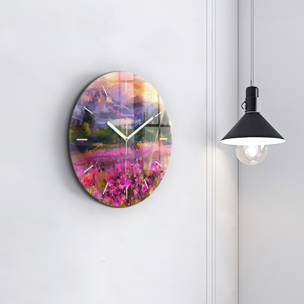 Round glass wall clock Meadow in the sunset