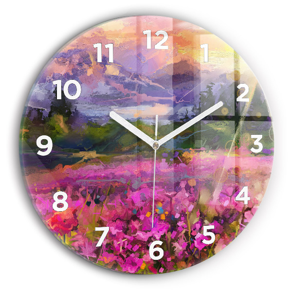Round glass wall clock Meadow in the sunset