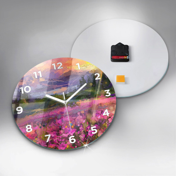 Round glass wall clock Meadow in the sunset