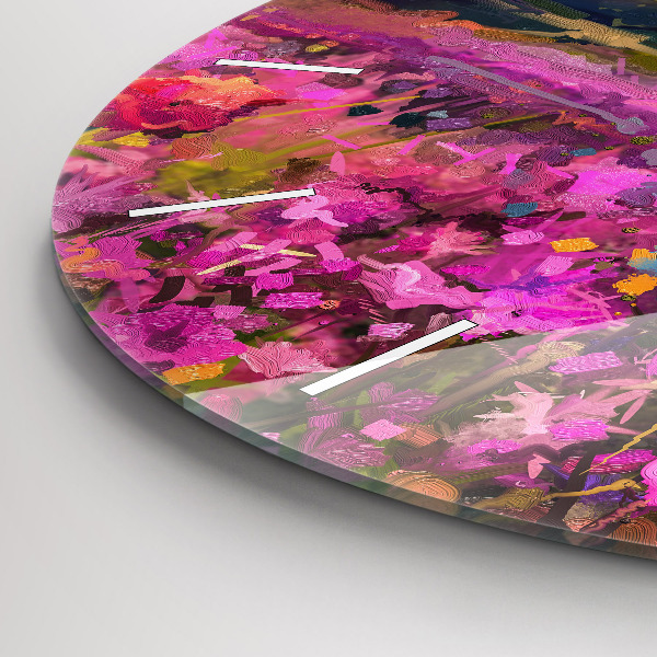 Round glass wall clock Meadow in the sunset