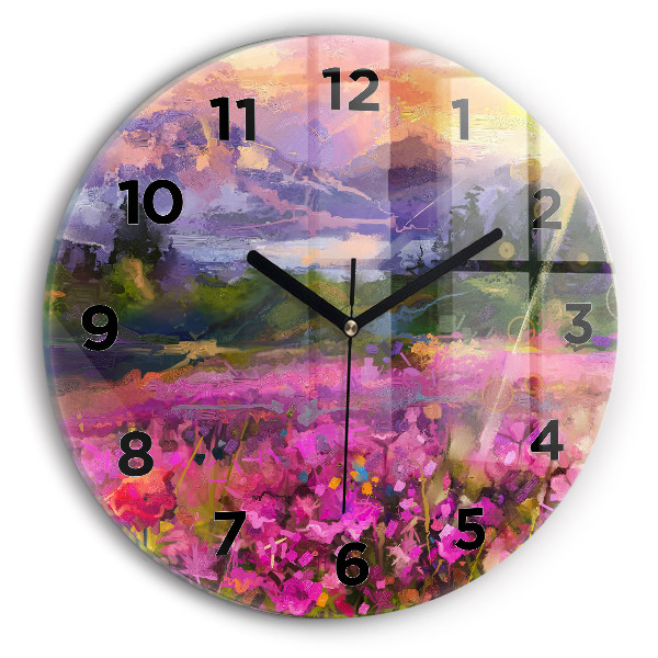 Round glass wall clock Meadow in the sunset