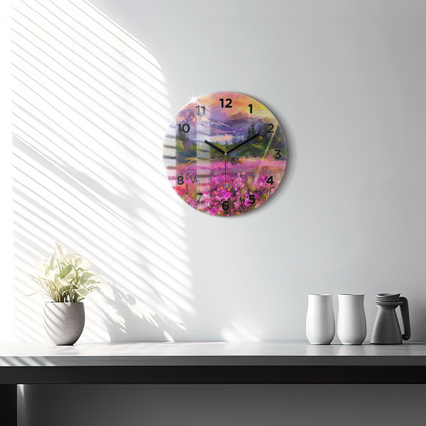 Round glass wall clock Meadow in the sunset
