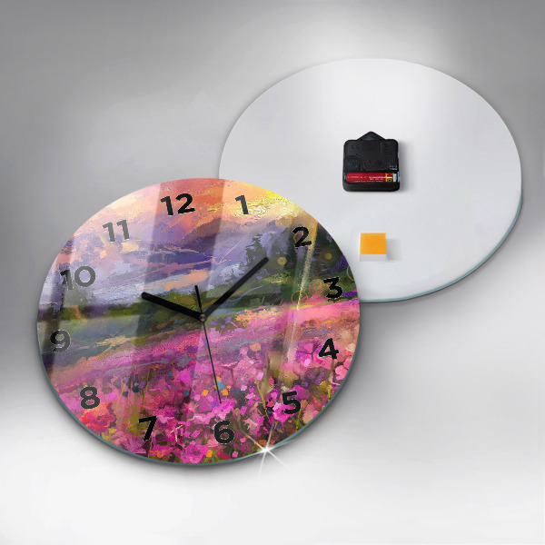 Round glass wall clock Meadow in the sunset