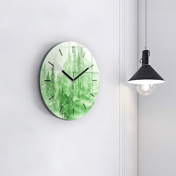 Round glass wall clock Painting green forest
