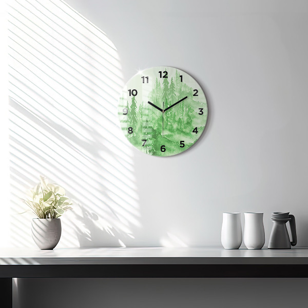 Round glass wall clock Painting green forest
