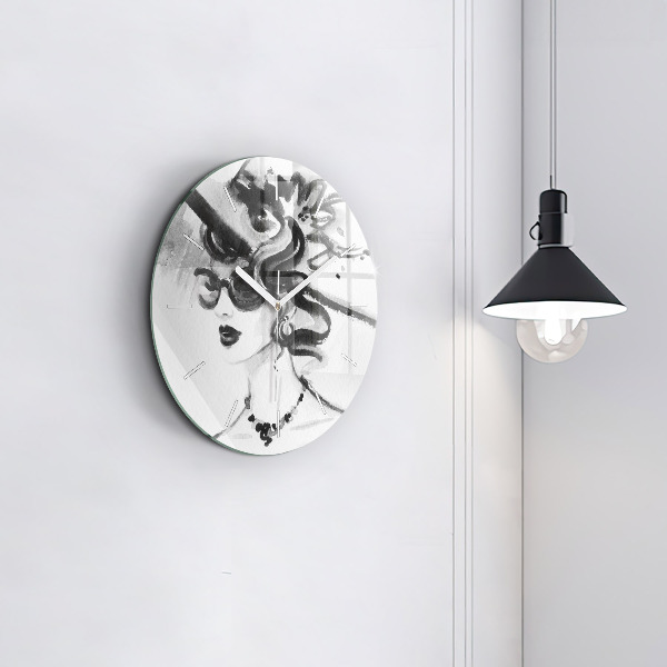 Round glass wall clock Fashionable woman