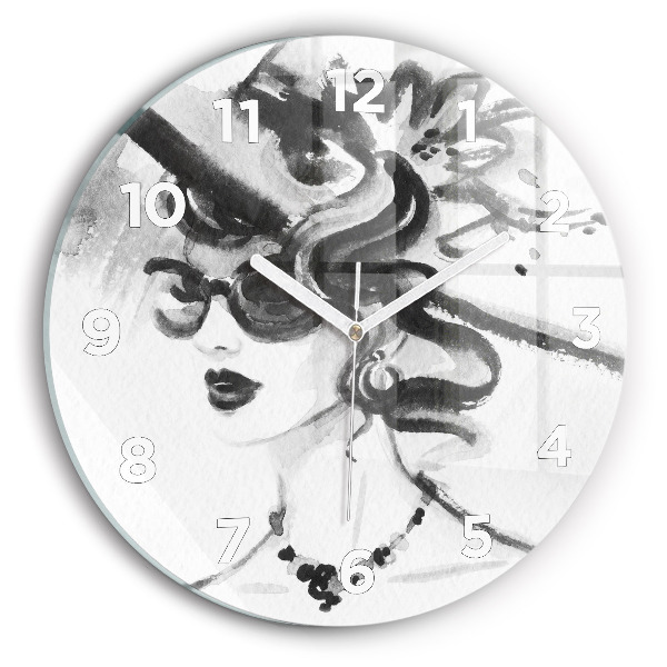 Round glass wall clock Fashionable woman