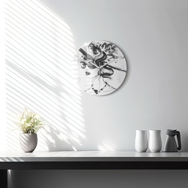 Round glass wall clock Fashionable woman