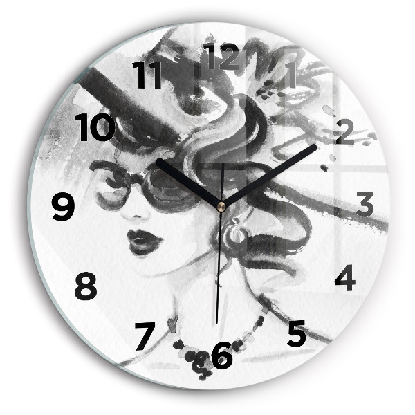 Round glass wall clock Fashionable woman