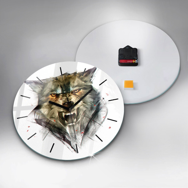 Round glass wall clock Drawn portrait of a wolf