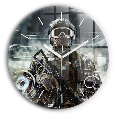 Round glass wall clock Soldier with a gun