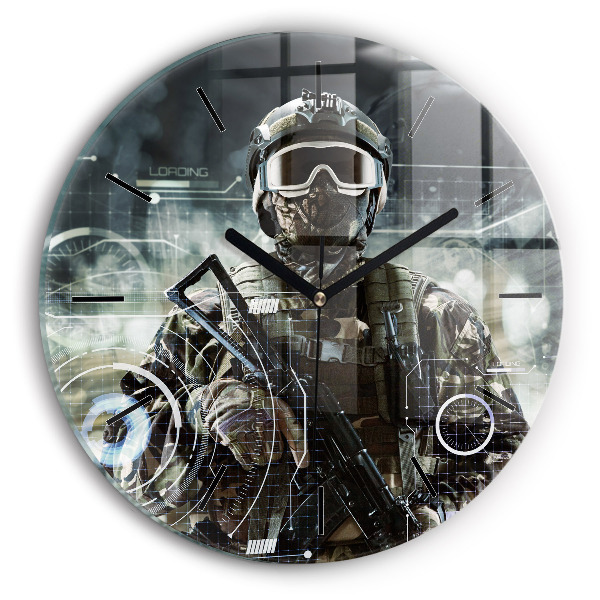 Round glass wall clock Soldier with a gun