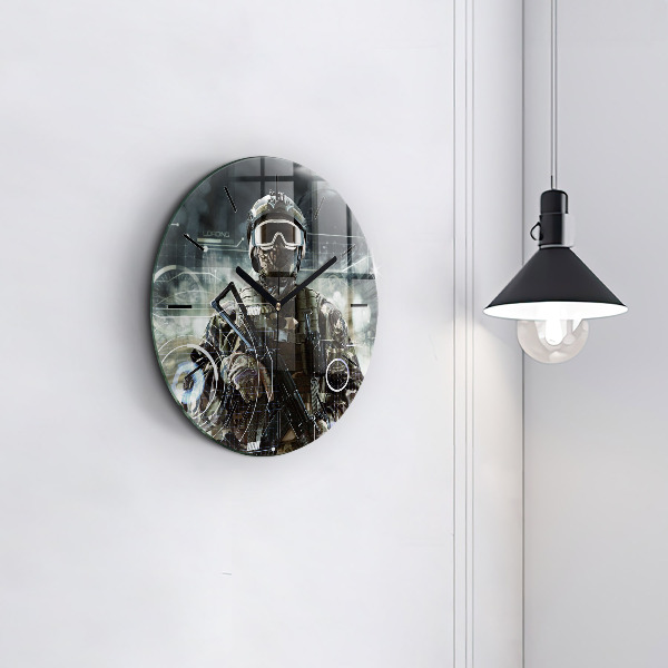 Round glass wall clock Soldier with a gun