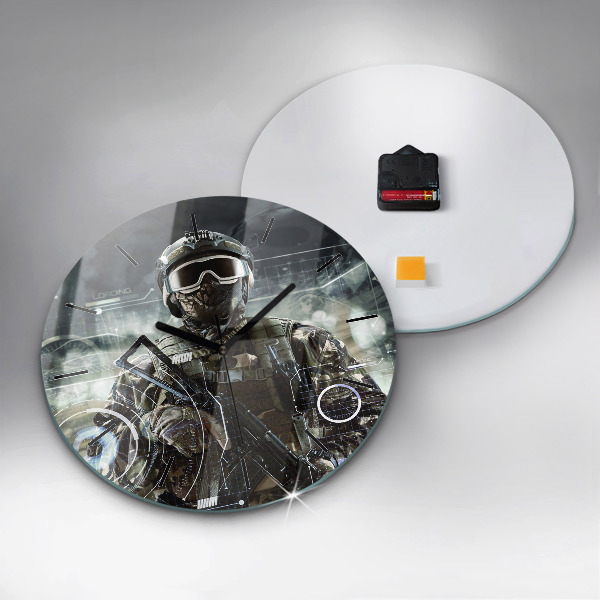 Round glass wall clock Soldier with a gun