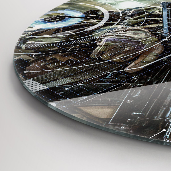 Round glass wall clock Soldier with a gun