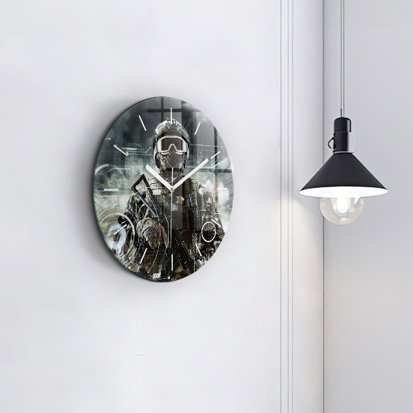 Round glass wall clock Soldier with a gun